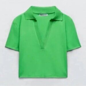 NWT Zara Bright‎ Green Collared Ribbed Crop Top